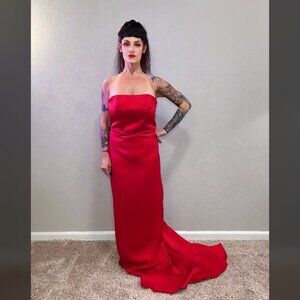 80s Dark Red Zum Zum Sheath Dress Train Retro 60s Bridal Bodycon Strapless 11 12
